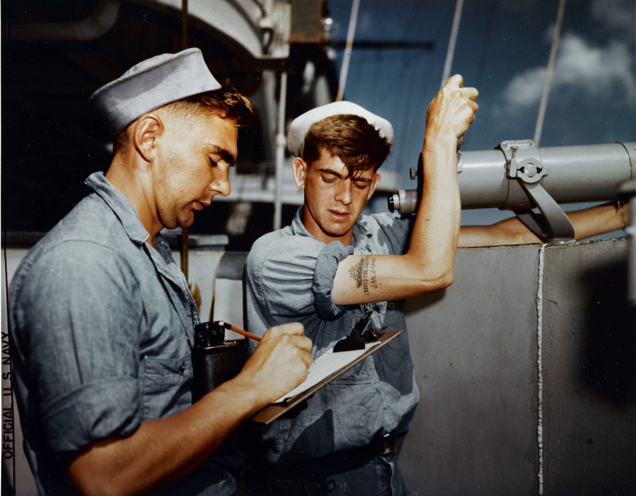  Signalmen taking a visual message on the signal bridge