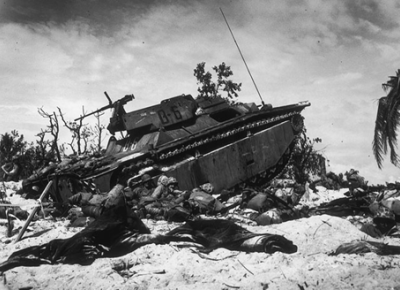 A Marine Corps amphibious tractor (LVT) on “Orange” beach at Peleliu